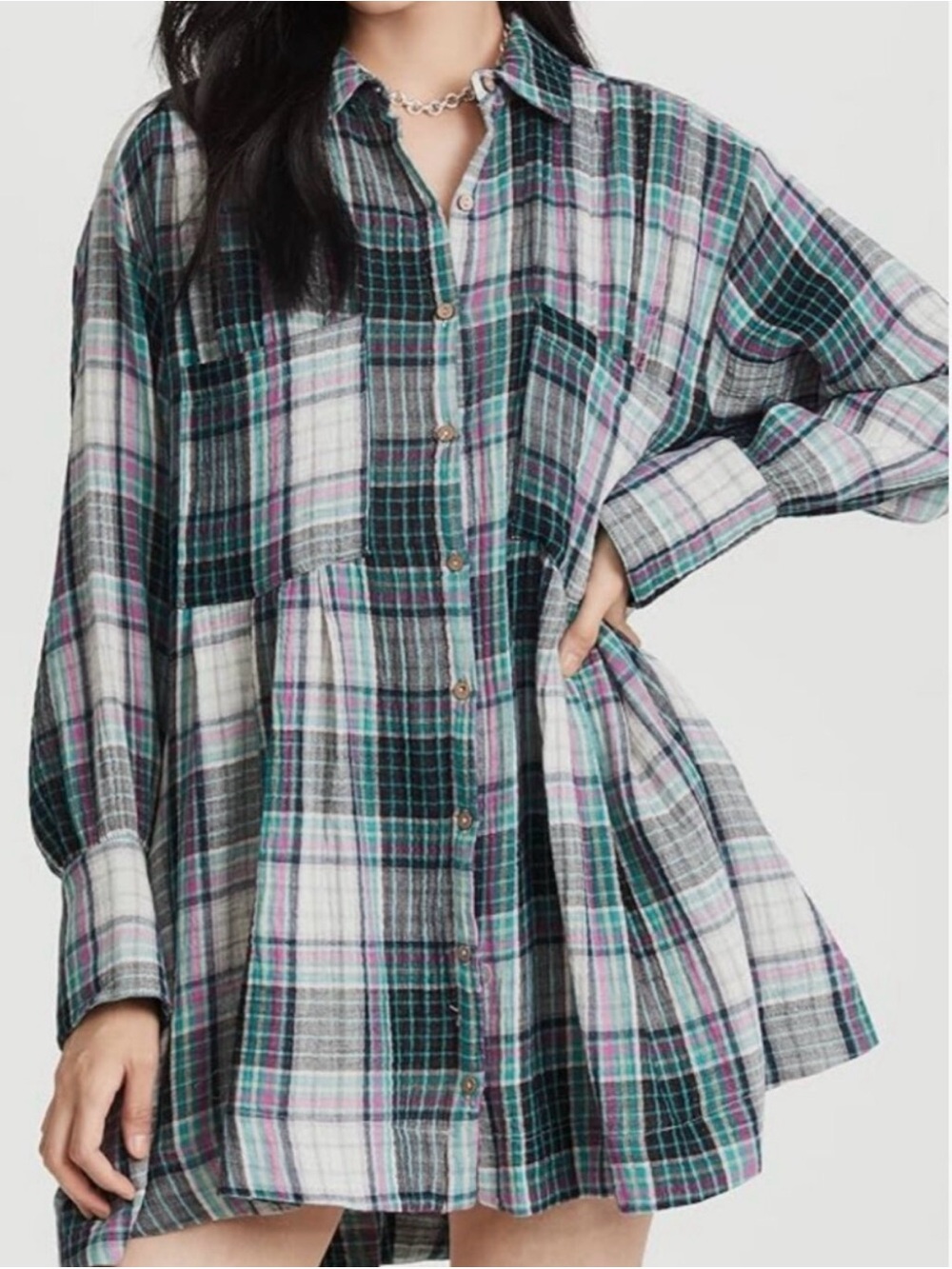 FREE PEOPLE Voyage Shirtdress Green Plaid Gauzy Boho Preppy Western Hippie Small